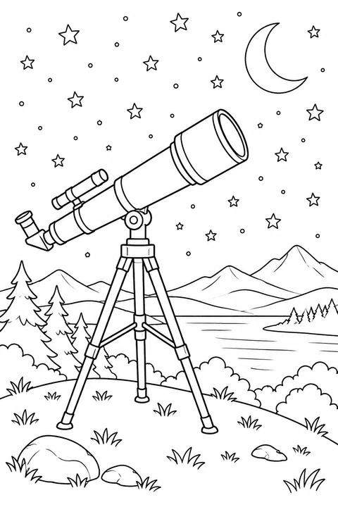One telescope on tripod on a hill with stars and crescent moon