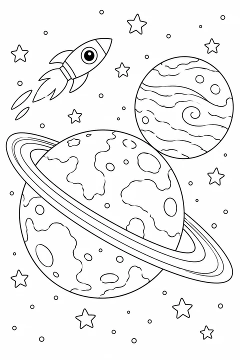 Two distinct imaginary planets with one ring system, stars and a small passing rocket