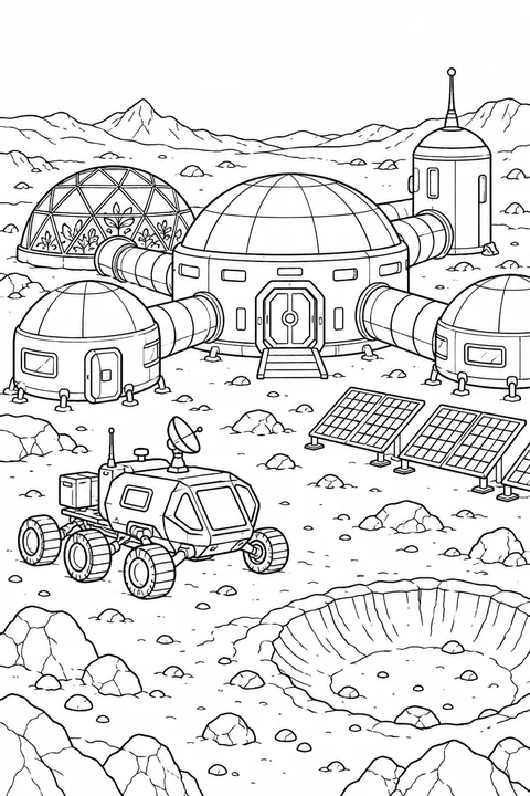 A detailed imagined moon base with domes, corridors, rover, crater and solar panels