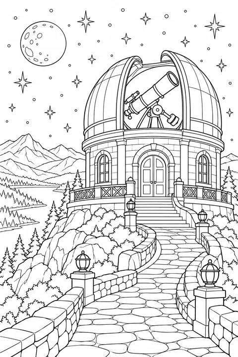A detailed hilltop observatory with large telescope, open dome, paths and starry sky