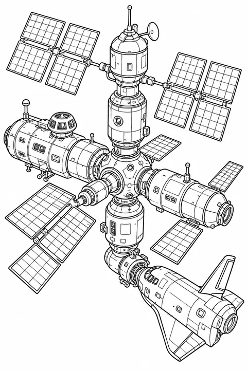 A detailed imagined orbital station with clearly connected modules, solar panels and docking shuttle