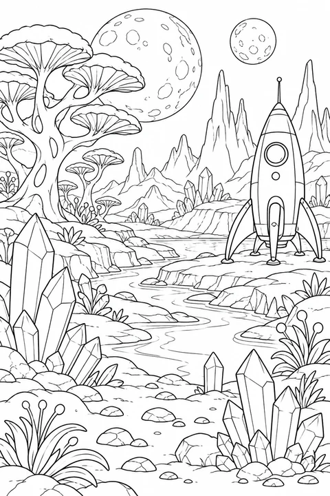 A detailed imaginary planet landscape with broad crystals, alien trees, landed rocket and two distant moons