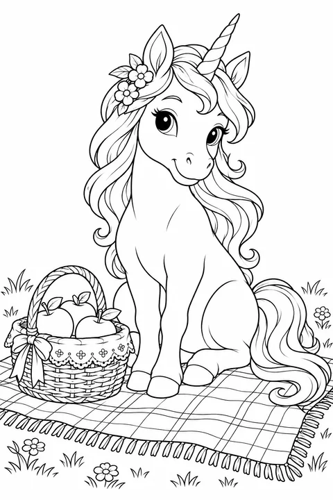A seated unicorn on a picnic blanket beside a basket of apples