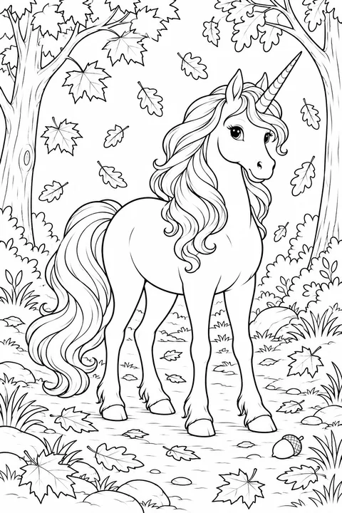 A unicorn on a woodland path with falling maple and oak leaves