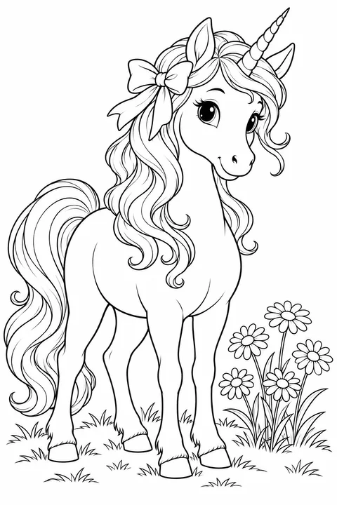 A unicorn with a large bow in its mane beside a patch of daisies