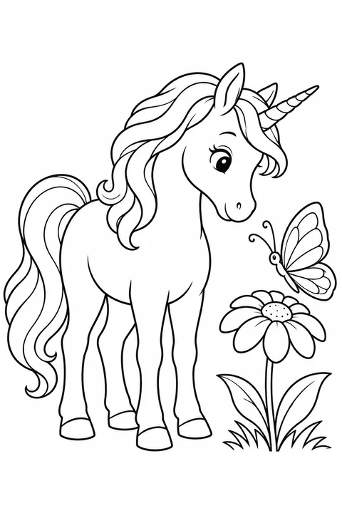 A unicorn leaning toward a butterfly resting above a large flower