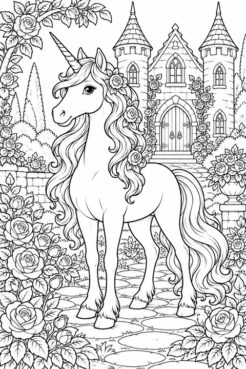 A unicorn in a flower garden before a small two-towered fairy-tale castle