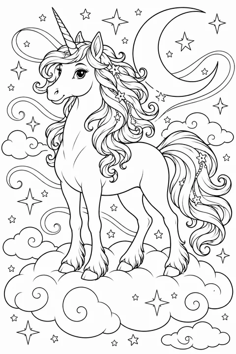 A unicorn on a decorative cloud surrounded by stars, a crescent moon and swirls
