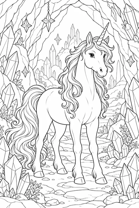 A unicorn in a rocky cave surrounded by outlined faceted crystals