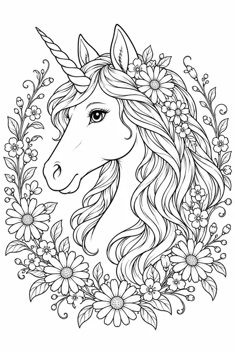 A unicorn head framed by a detailed wreath of blossoms and curling leaves