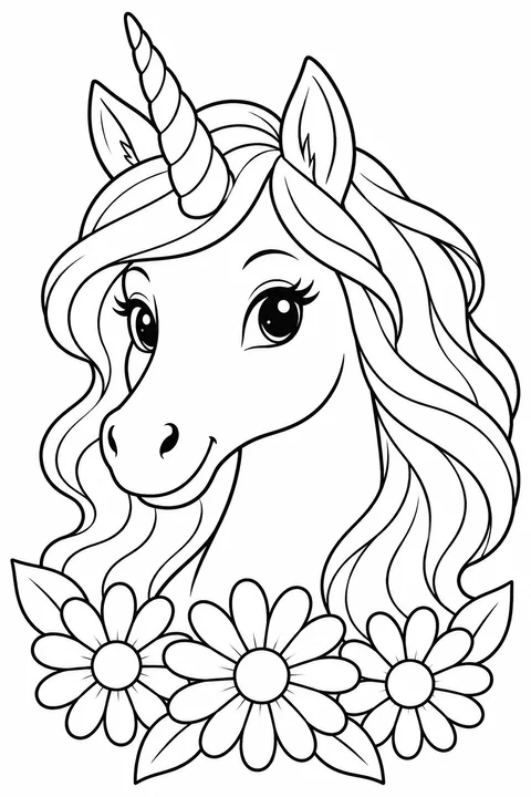 A unicorn head with a flowing mane above three large daisies