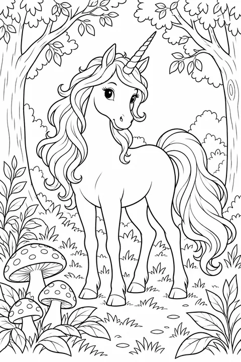 A unicorn in a leafy forest clearing with trees and spotted mushrooms