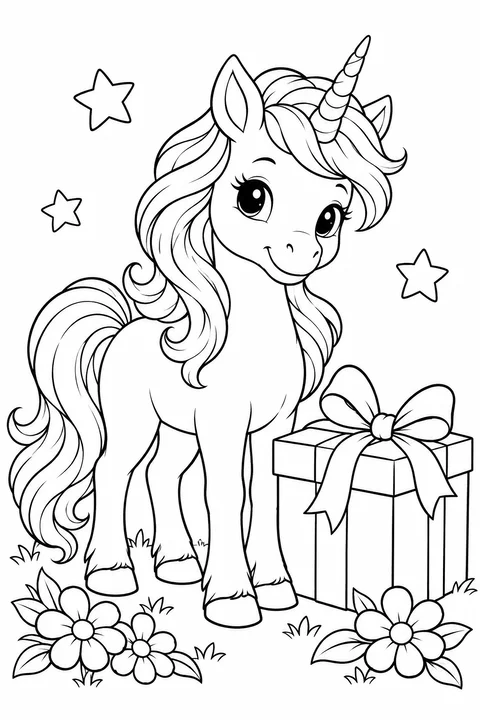A young unicorn beside a wrapped gift with a bow, flowers and three stars