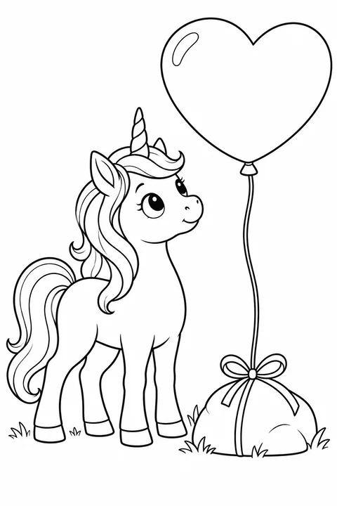 A small unicorn beside a heart-shaped balloon tied to a stone
