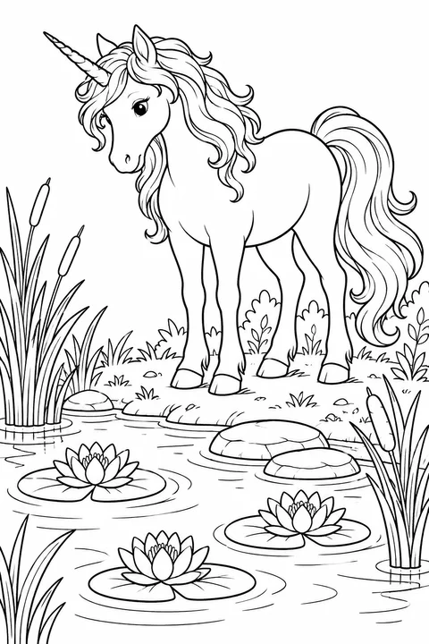 A unicorn at a pond with water lilies, reeds and stepping stones