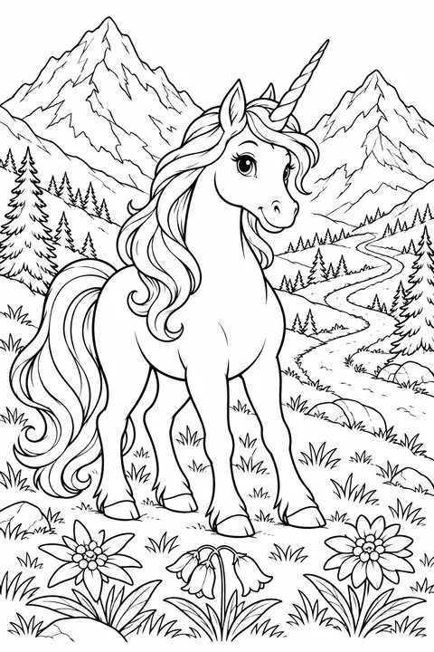 A unicorn among meadow flowers with mountains, pines and a winding path