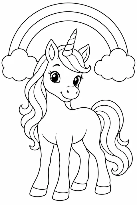 A young unicorn beneath a large rainbow with fluffy clouds
