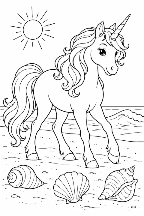 A unicorn on a beach with seashells, gentle waves and a small sun
