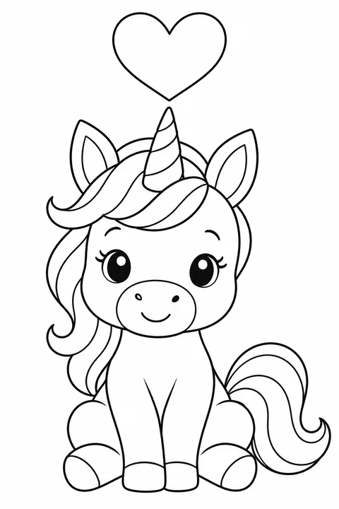 A seated young unicorn with a large heart above its horn