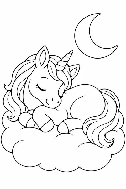 A unicorn curled up asleep on a soft cloud beneath a crescent moon