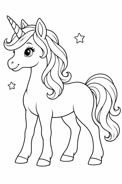 A standing unicorn with a flowing mane and two outlined stars