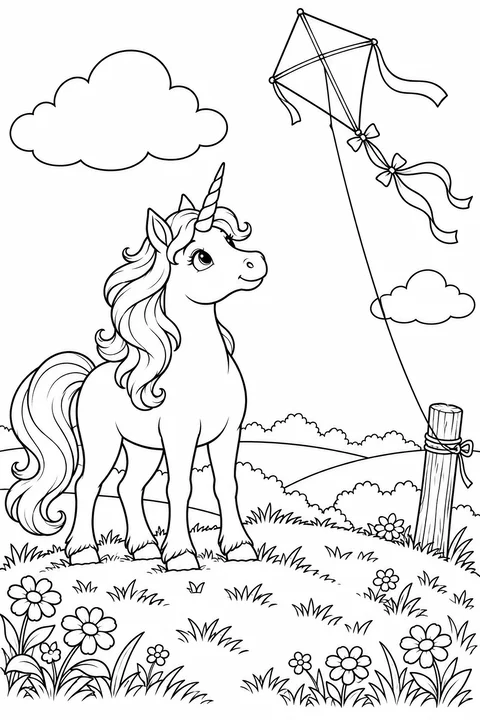 A unicorn on a flowered hill watching a kite tied to a wooden post