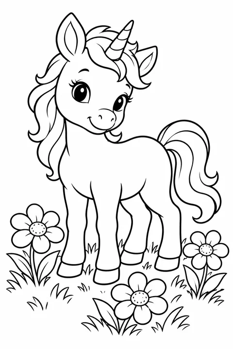 A young unicorn with a short horn standing among large flowers