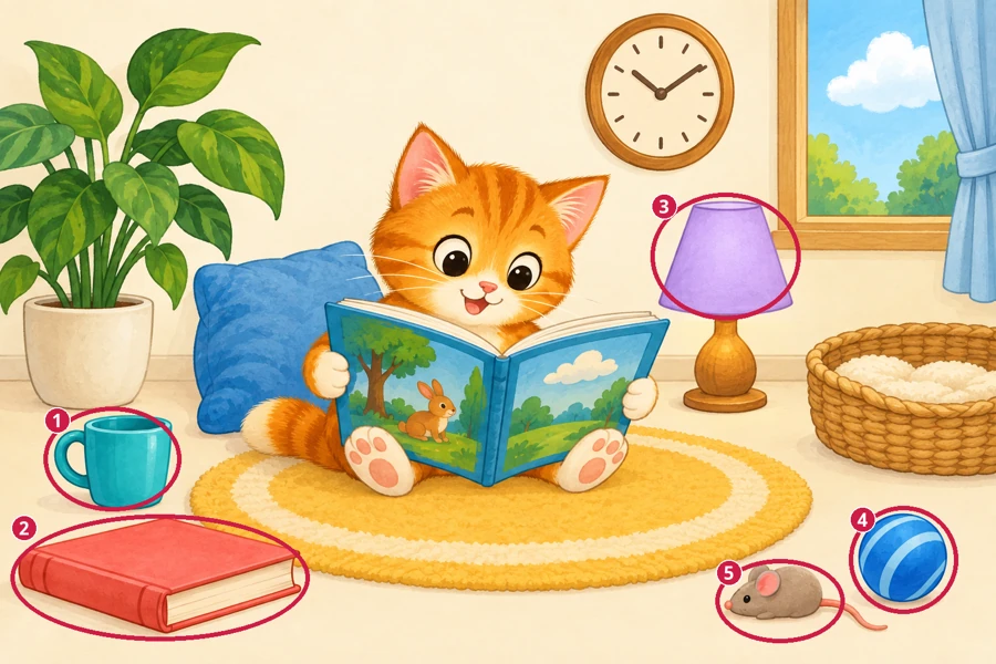 All differences circled and numbered: Reading nook