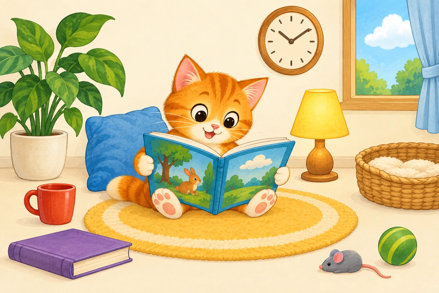 An orange kitten reading a book: one of our puzzle scenes