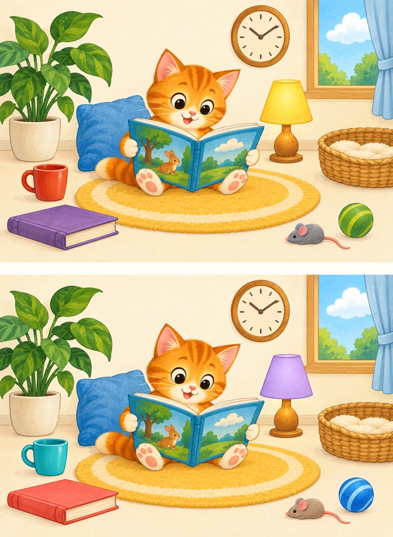 Reading nook — two pictures, find 5 differences