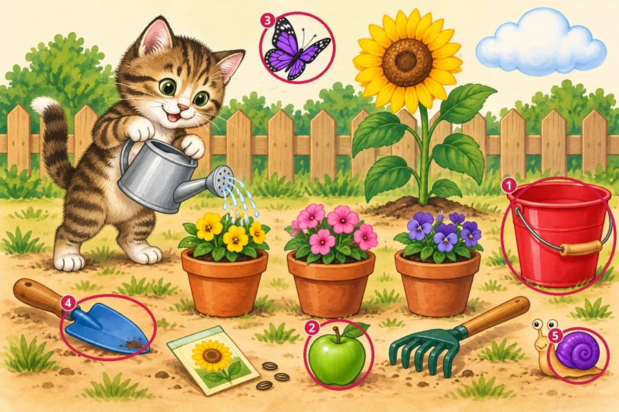All differences circled and numbered: Garden helper