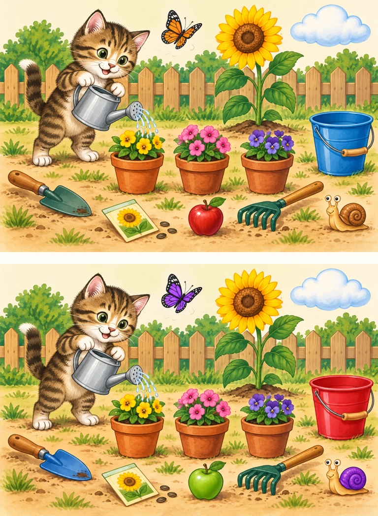 Garden helper — two pictures, find 5 differences
