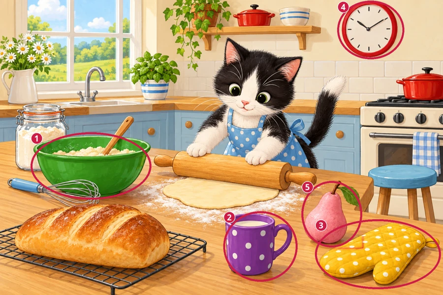 All differences circled and numbered: Kitchen baker