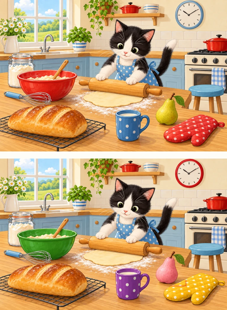 Kitchen baker — two pictures, find 5 differences