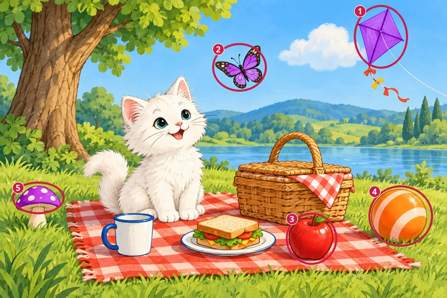 All differences circled and numbered: Lakeside picnic