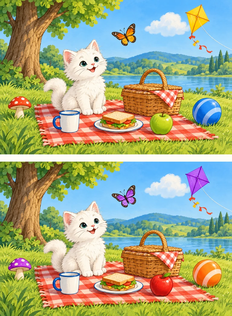 Lakeside picnic — two pictures, find 5 differences