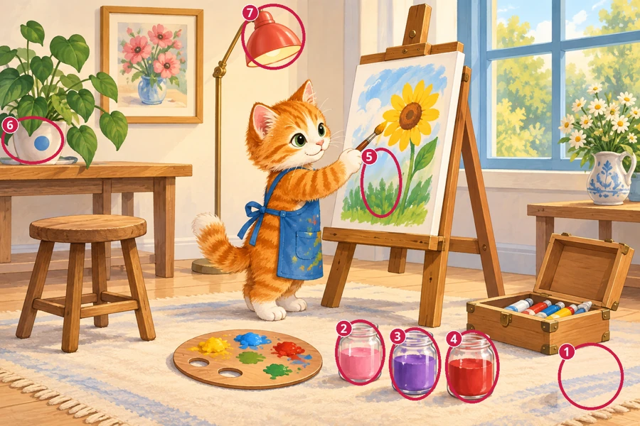 All differences circled and numbered: Artist’s studio