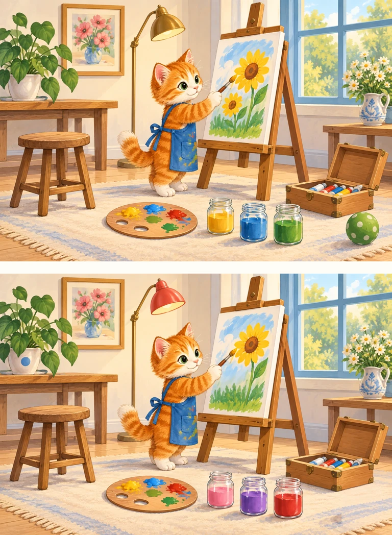 Artist’s studio — two pictures, find 7 differences