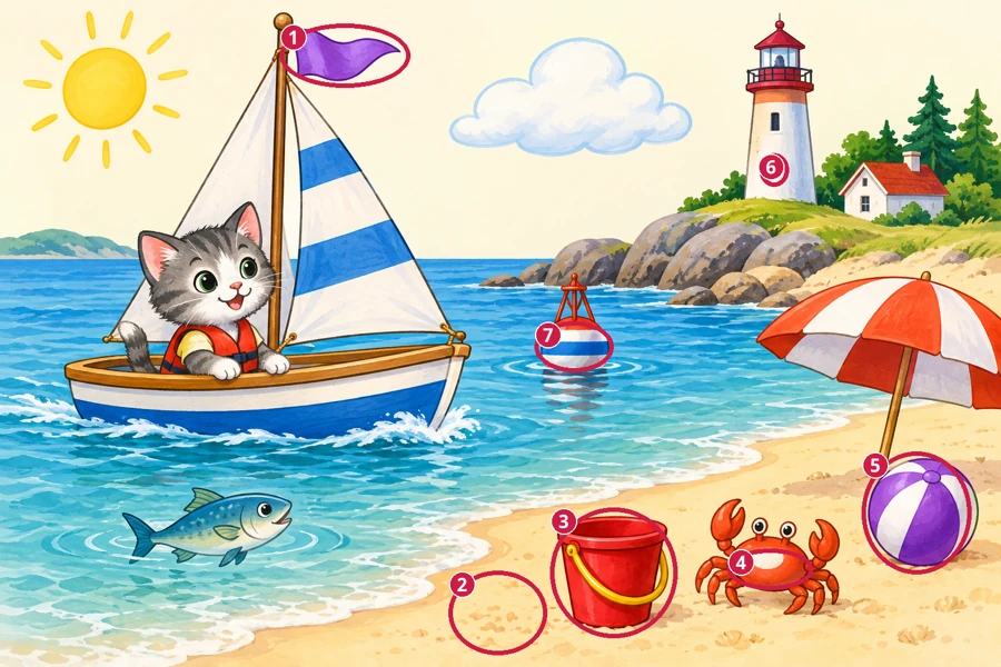 All differences circled and numbered: Seaside sailing