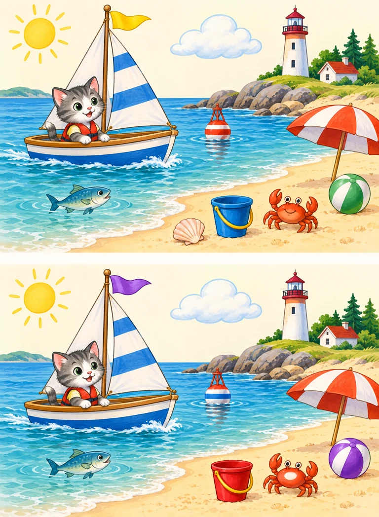 Seaside sailing — two pictures, find 7 differences