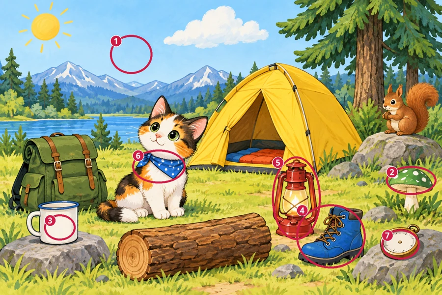 All differences circled and numbered: Forest camp