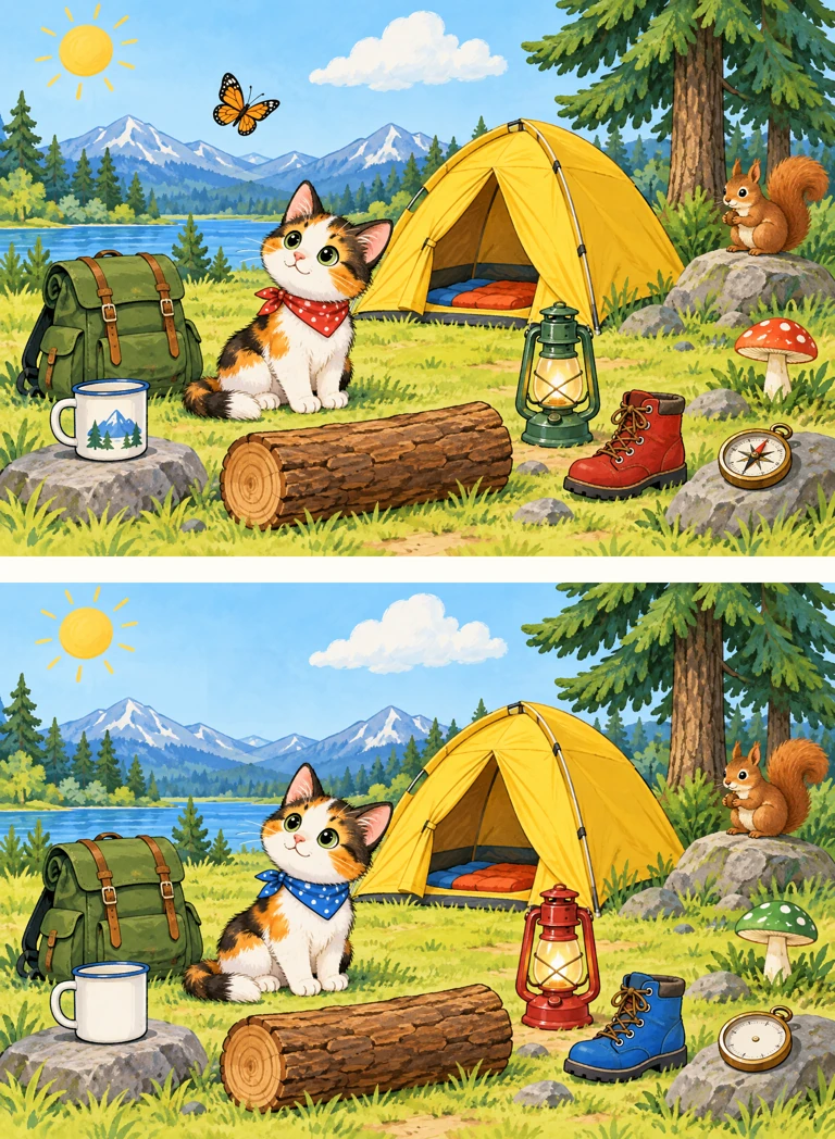 Forest camp — two pictures, find 7 differences