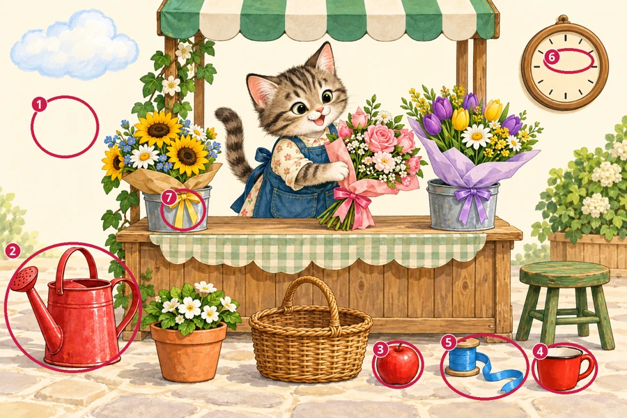 All differences circled and numbered: Flower stall
