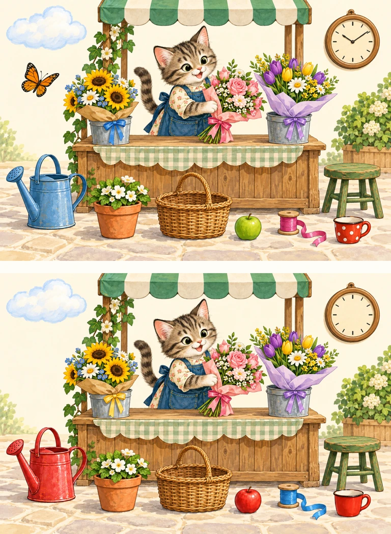 Flower stall — two pictures, find 7 differences