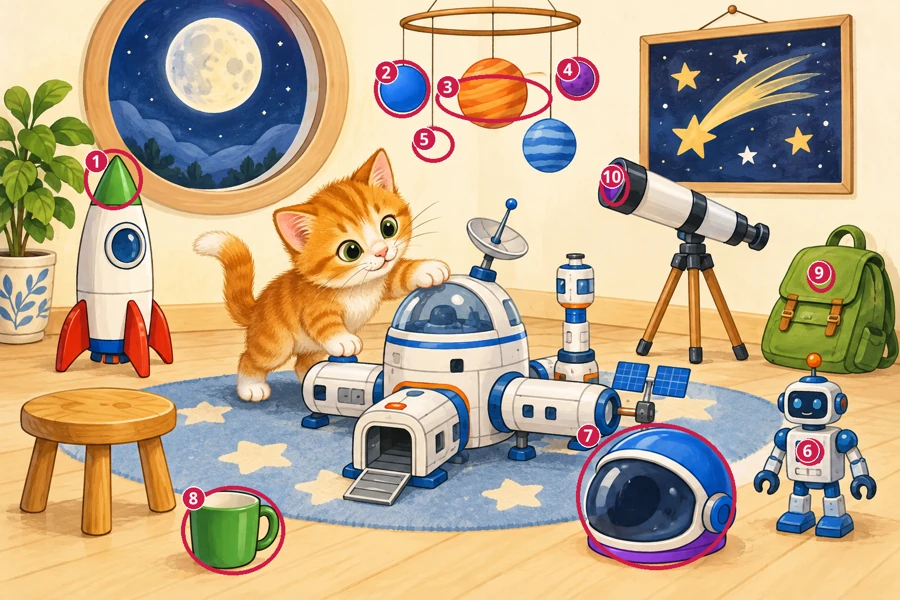 All differences circled and numbered: Space station