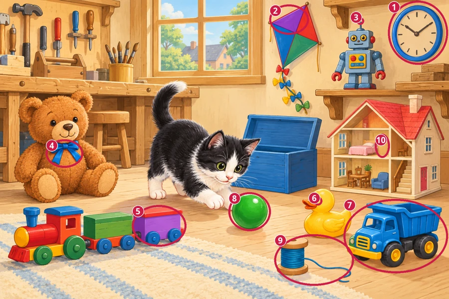 All differences circled and numbered: Toy workshop