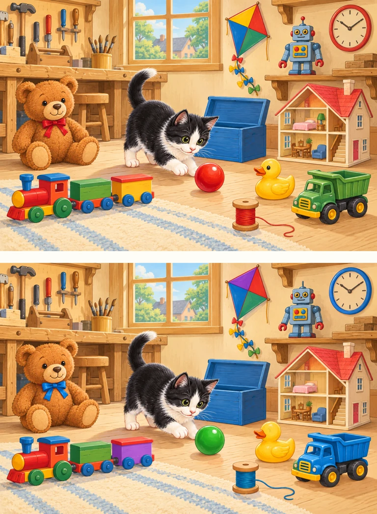 Toy workshop — two pictures, find 10 differences