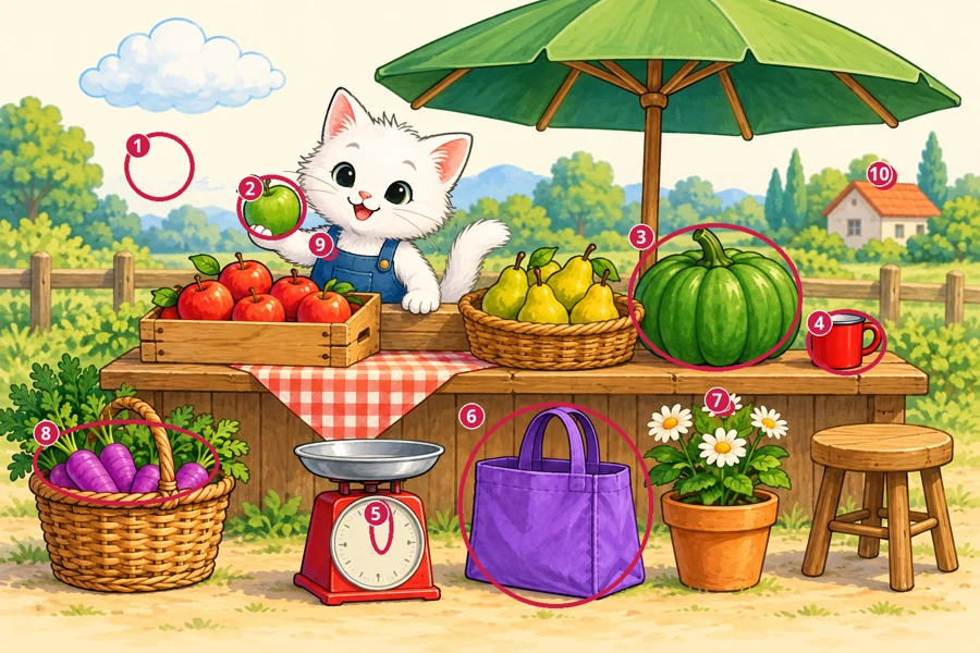 All differences circled and numbered: Market day